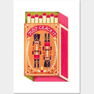 Two colorful nutcrackers on a matchbox with hand lettering on a pink background. Colorful festive winter Merry Christmas illustration Posters and Art